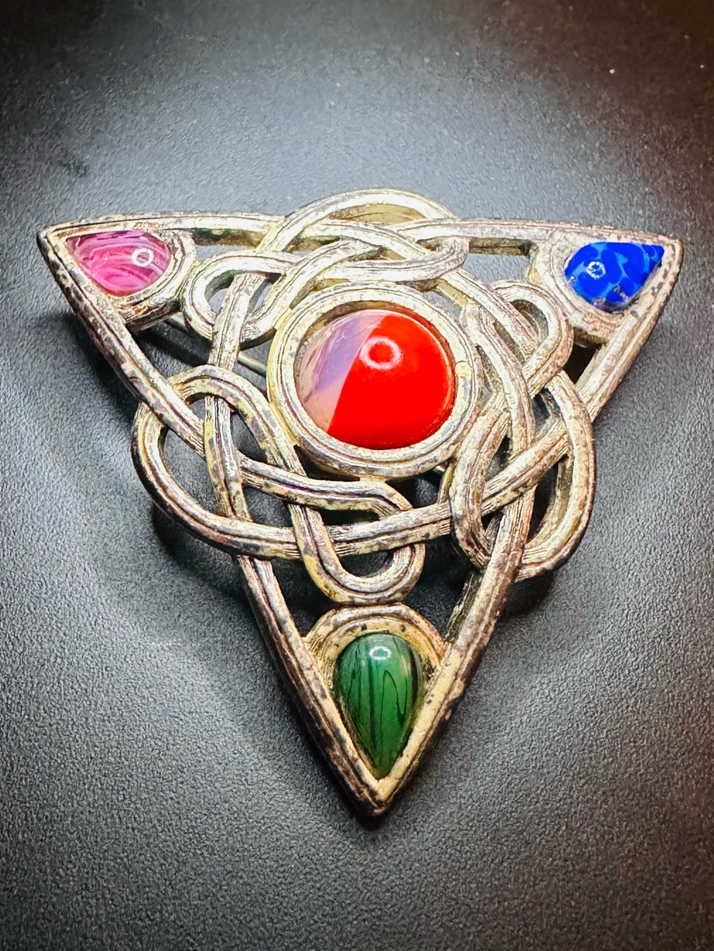 Vintage-Inspired Celtic Triangle Brooch with Multicolor Cabochons